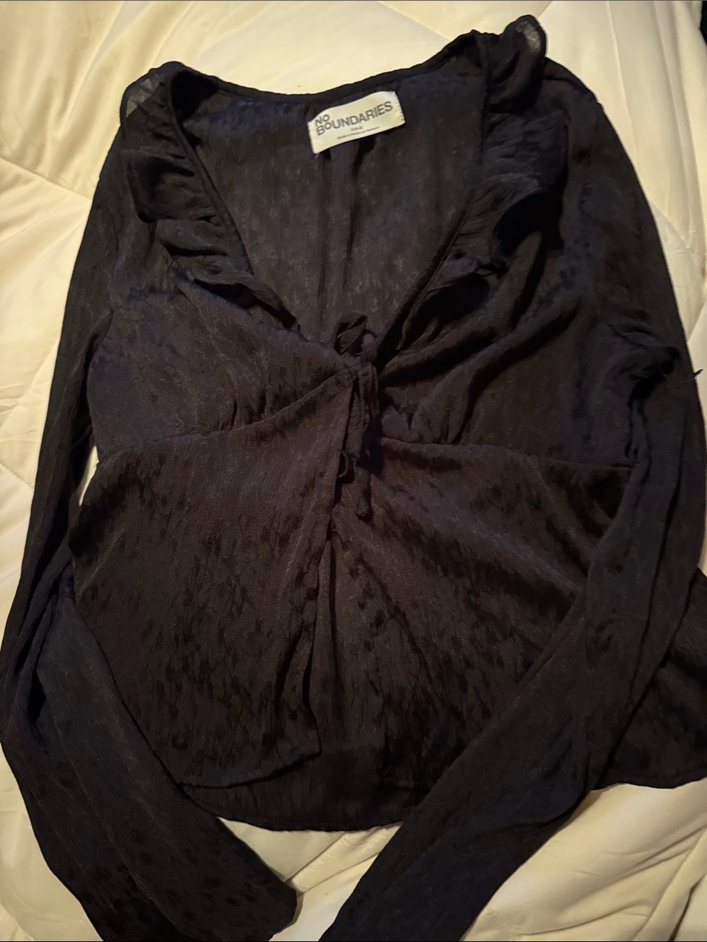 No Boundaries Black Long Sleeve Tie-Front Blouse